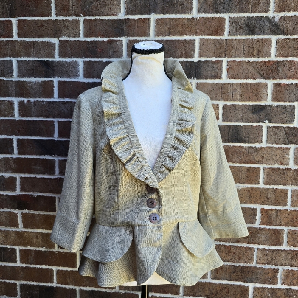 T. Milano Tan Ruffled Lapel Peplum Blazer Petite 10P Tailored